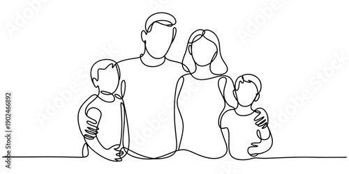 Happy family in continuous line art drawing style. United family portrait of parents and their little girl kid black linear sketch isolated on white background. Vector illustration