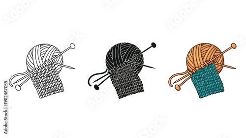 Set of knitting icons outline, solid black and color illustrations of yarn balls with knitting needles and small knitted swatches