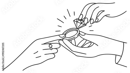 Hands exchanging engagement ring, proposal moment, diamond spark sparkle