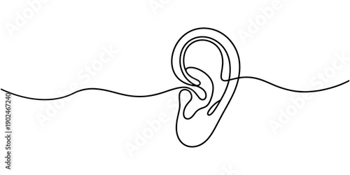 Minimalist continuous line drawing of a human ear on white background. No editable stroke