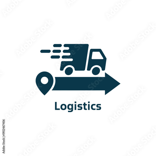 A dark blue delivery truck icon with a location pin and logistics text