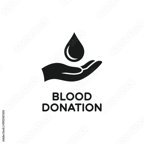 A black silhouette of a hand holding a droplet with blood donation text