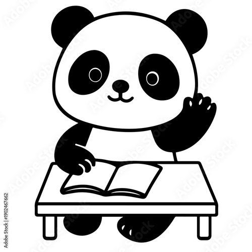 Cute cubby baby panda at school with a book , sitting on chair