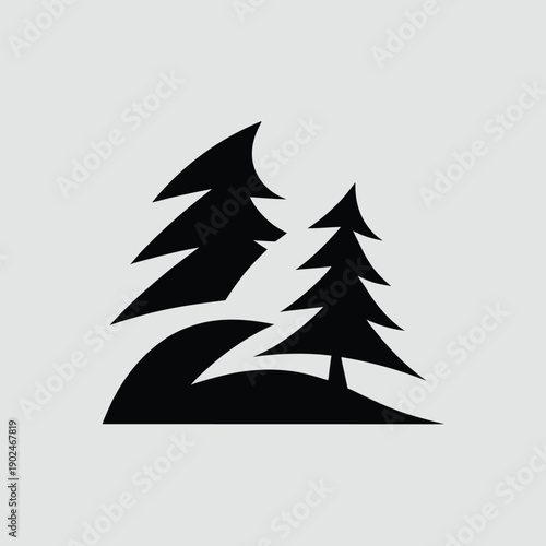 Minimalist black silhouette of evergreen pine trees on a hill vector illustration