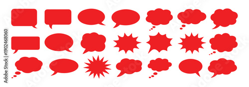 Red speech bubble set featuring various comic chat boxes and thinking cloud shapes for creative communication