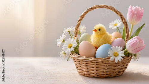 Easter basket with pastel eggs, daisies, tulips and cute yellow chick toy on light wooden surface in soft spring sunlight