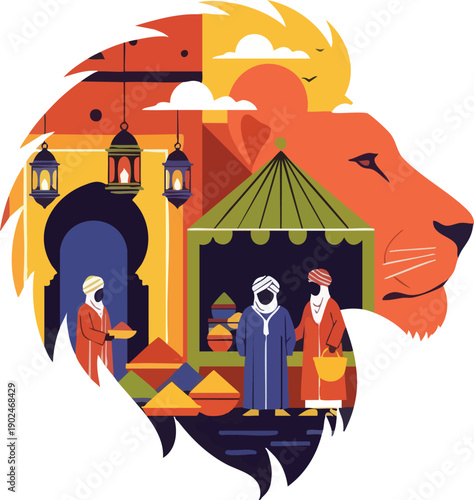 Lion Head with Moroccan Market Scene Inside.