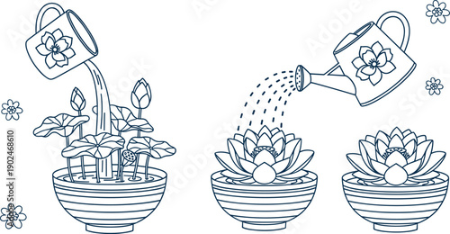 watering can lotus flowers plants garden nature floral growth care illustration lineart decorative zen calm design