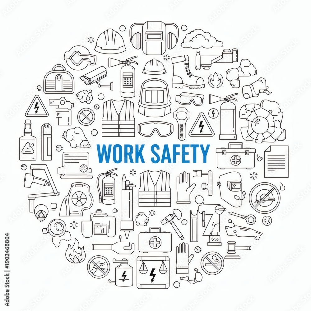 Fototapeta premium Illustration of various work safety symbols and equipment in a circular design.