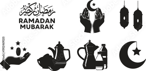 Ramadan mubarak silhouette icons for fasting and prayer