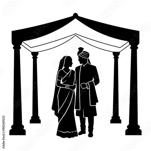 Black silhouette of an Indian couple under a draped canopy, traditional attire, wedding ceremony, isolated on transparent background