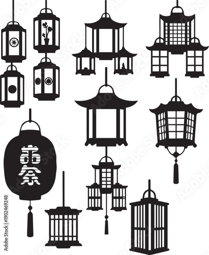 Japanese and Chinese Lantern Silhouettes, Asian Festival Paper Lamp Icons Set