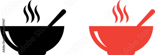 Hot Soup Bowl Icons with Steam and Spoon in Black and Red