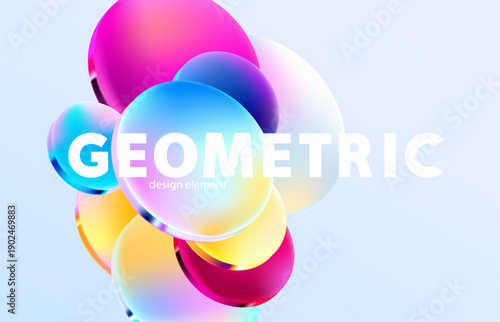 Transparent and glass geometric shape.  Abstract composition of 3D circle and ovals in liquid glass style. Vector design elements.