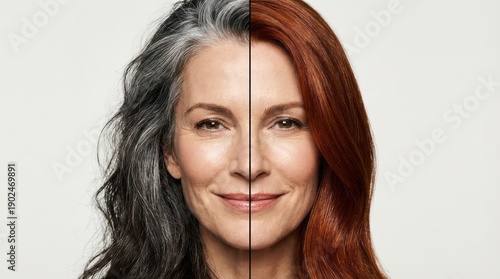 Split Image of Woman with Gray and Red Hair. Concept featuring woman, hair, gray hair, red hair, beauty.