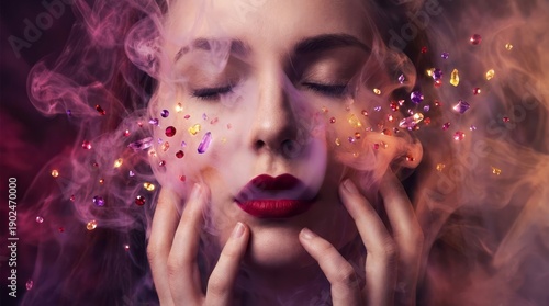Enchanting Portrait with Colorful Smoke and Gems. Concept featuring portrait, woman, smoke, gems, beauty.