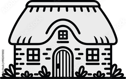 Charming thatched roof cottage with arched black and white vector on white background.