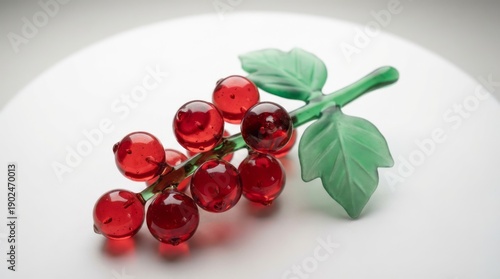 Decorative Glass Grapes with Green Leaves. Concept featuring glass art, decorative grapes, red glass, green leaves, home decor.