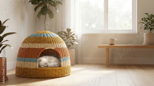 Cozy Cat Sleeping in Woven Bed. Concept featuring cat, sleeping, woven bed, indoor plants, home decor.