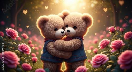 Romantic Scene of Teddy Bears Embracing Amidst a Rose Garden at Night