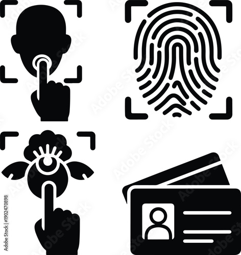 Biometric security vector icons including fingerprint face ID retina scan and identity card symbols