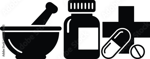 Pharmacy medical vector icons with mortar pestle medicine bottle pills and cross symbol