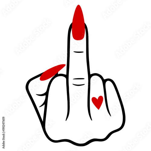 Sassy Middle Finger Vector Illustration - Hand Gesture Silhouette with Red Nails and Heart Tattoo - Bold Attitude Graphic for Edgy Stickers and Streetwear Art