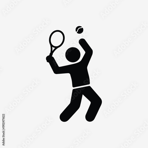 A minimalist black silhouette depicts a person preparing to serve a tennis ball