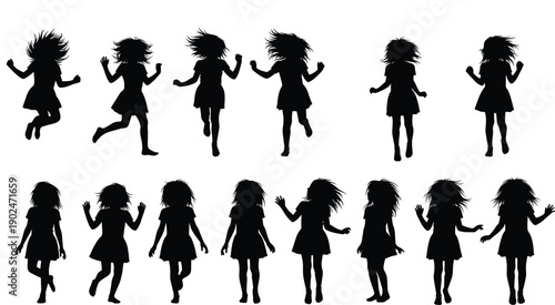dancing girl silhouette motion energy joy rhythm movement female child jump pose action freedom