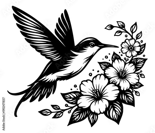 Majestic Hummingbird with Hibiscus Flowers Vector Illustration - Elegant Bird in Flight Silhouette - Botanical Floral Graphic for Garden and Nature Lover Art