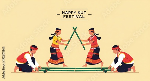 Flat Vector Illustration of Cheraw Bamboo Dance Happy Kut Festival