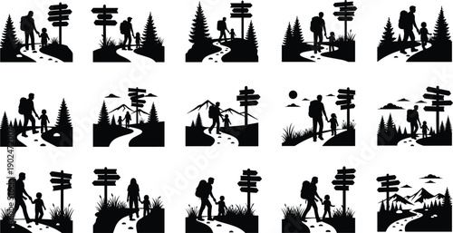 family,hiking,trail,path,nature,outdoor,adventure,travel,forest,mountain,signpost,parent,child,journey,exploration,silhouette,black,white,vector,illustration