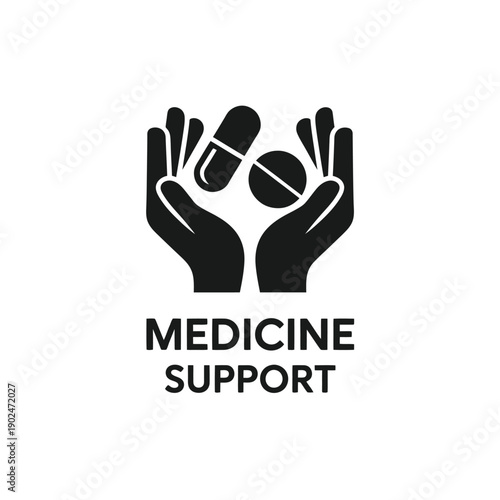 Hands cradling pills with the words medicine and support underneath