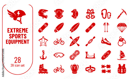 Extreme Sports Equipment Safety-Gear Protective-Equipment Helmets Harnesses Boards Sport-Specific Tools Vector Icon Set - Adventure Gear