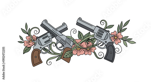 Revolvers and Roses Vector Illustration - Vintage Style Graphic with Floral Elements and Copy Space for Design