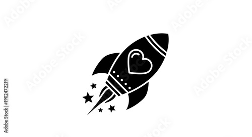 Rocket Ship Launching with Heart Icon and Stars, Vector Illustration, Symbolizing Love and Innovation, Space Exploration and Valentine's Day Concept