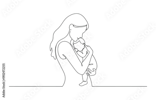 Mother and baby line art vector illustration, mothers day concept minimalist continuous line art style.