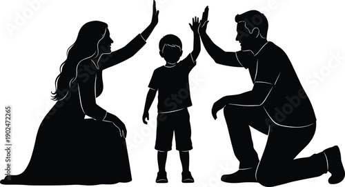 family,parents,child,kid,mother,father,son,parenting,love,care,support,highfive,success,happiness,relationship,silhouette,black,white,vector,illustration