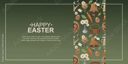 Happy Easter Banner with Pattern Strip. Vertical spring pattern strip featuring eggs, flowers and garden elements ideal web, social header. Eco easter concept. Eco-friendly easter. Vector illustration