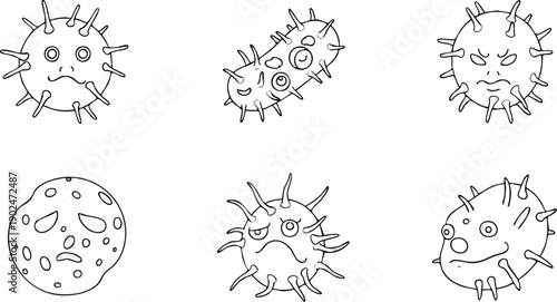 Abstract cartoon characters spiked spheres various expressions black background