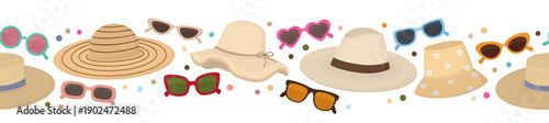 Seamless border with hats and sunglasses. Horizontal pattern with stylish summer accessories