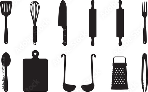 Kitchen utensil icons, black silhouette, cooking tools, cutlery, gadgets, for mockup or website, Isolated on transparent background, png