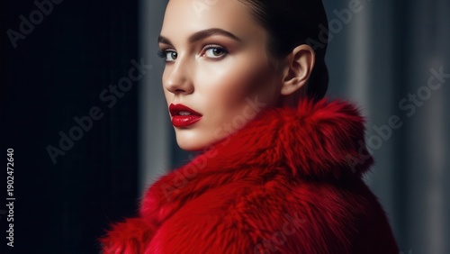 Elegant woman in red fur coat with bold red lipstick