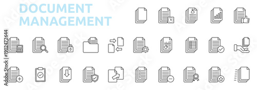 Document Management icon outline style with accounting, search, privacy, folder, exchange, add, clipboard icons