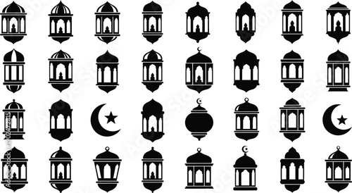 Ramadan kareem silhouette lanterns and crescent moon islamic decorations