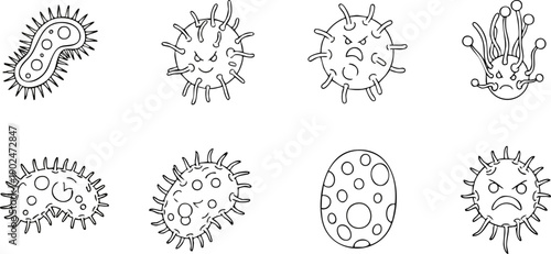 Cartoon microbes various expressions black background artistic concept