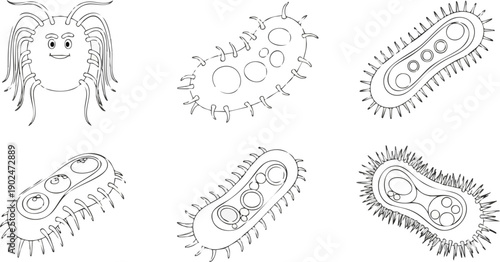 Cartoon microbes white line art black background microbiology illustration