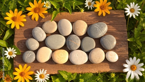 stones and flowers on the grass