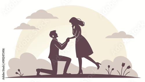 Romantic Proposal Silhouette Couple Holding Hands Sunset Love Story 