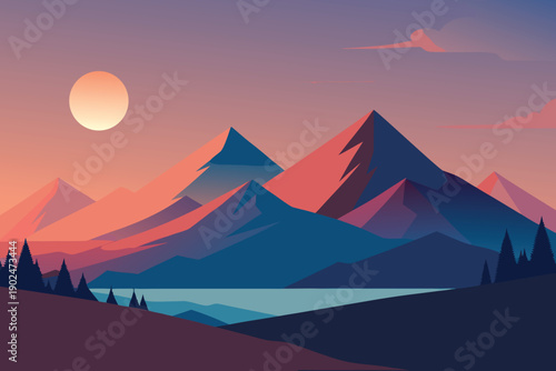 Sunset mountain landscape vector illustration with desert pyramids and colorful sky
